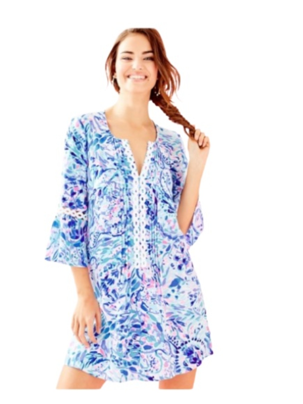 Lilly Pulitzer Bell Sleeve Shift Dress Blue Pink Rayon Beach Resort Size Large
